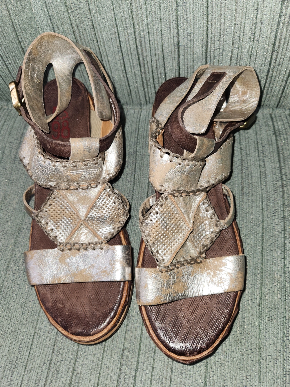 🍉A.S.98 Lagos Metallic Silver and Brown Leather Wedge Sandals - Picture 3 of 6
